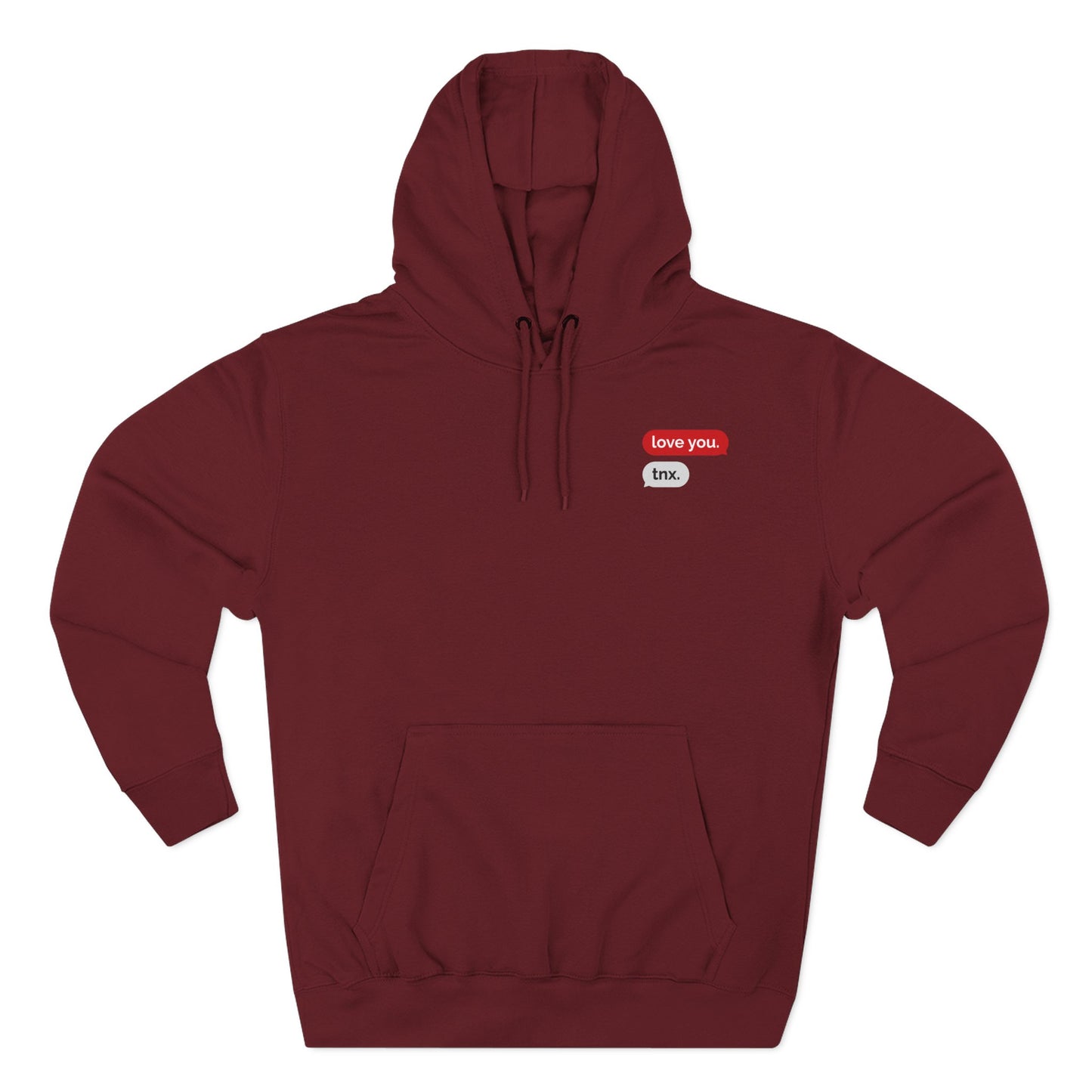 Love Text Hoodie — 'Love you. tnx.' Minimal Chest Text & Tic-Tac-Toe Heart Back