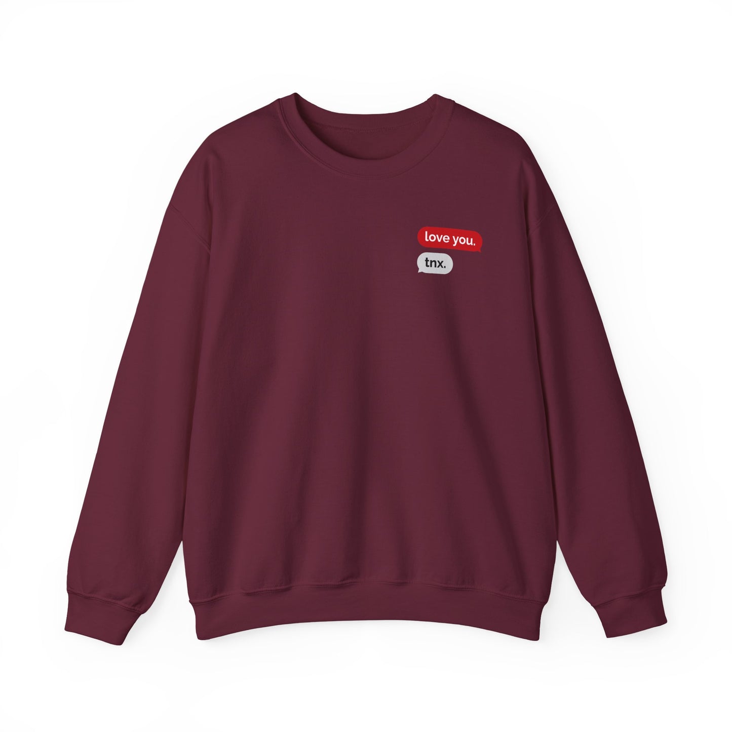 Crewneck Sweatshirt – Text Bubble Design: “love you.” / “tnx.” Minimal Valentine Gift