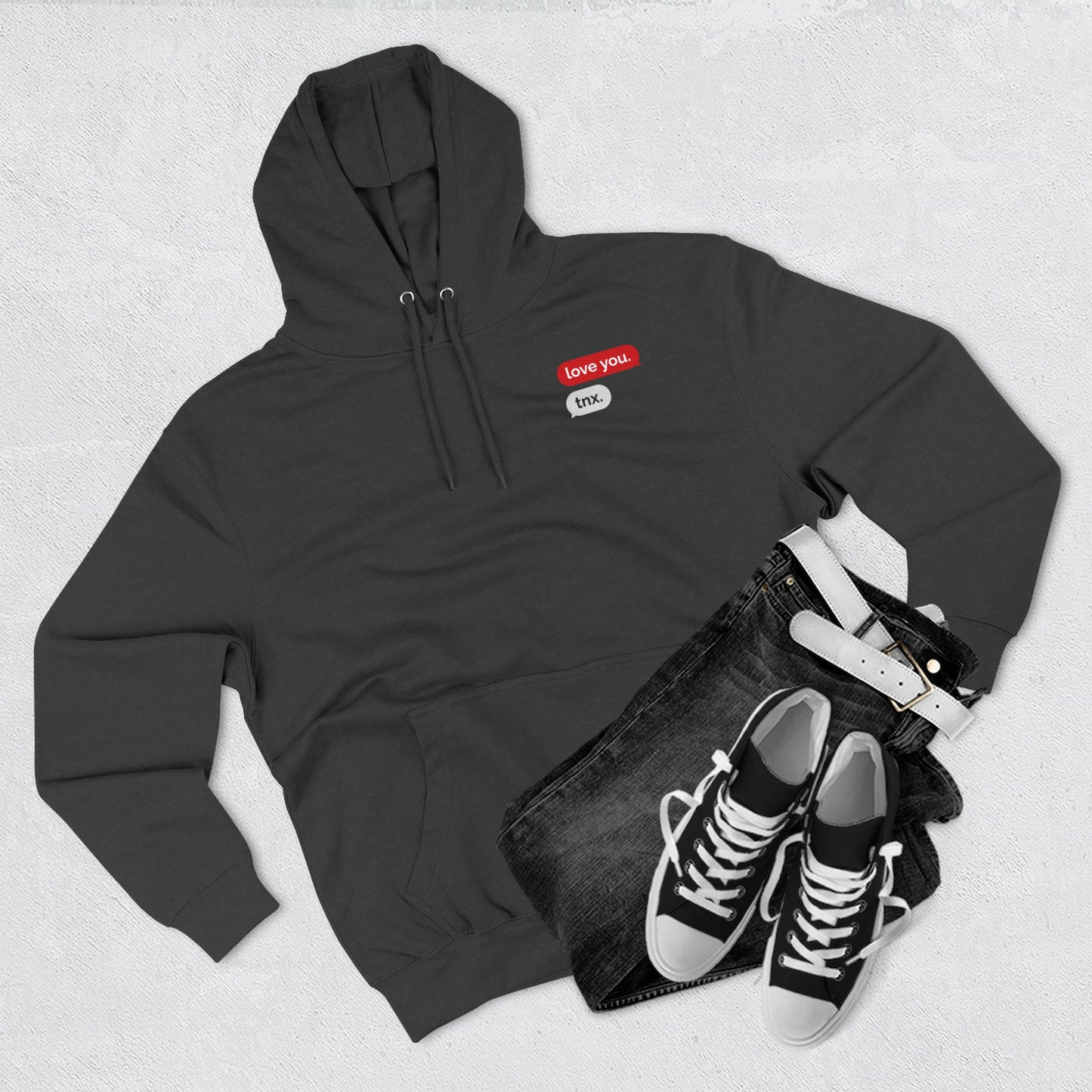 Love Text Hoodie — 'Love you. tnx.' Minimal Chest Text & Tic-Tac-Toe Heart Back
