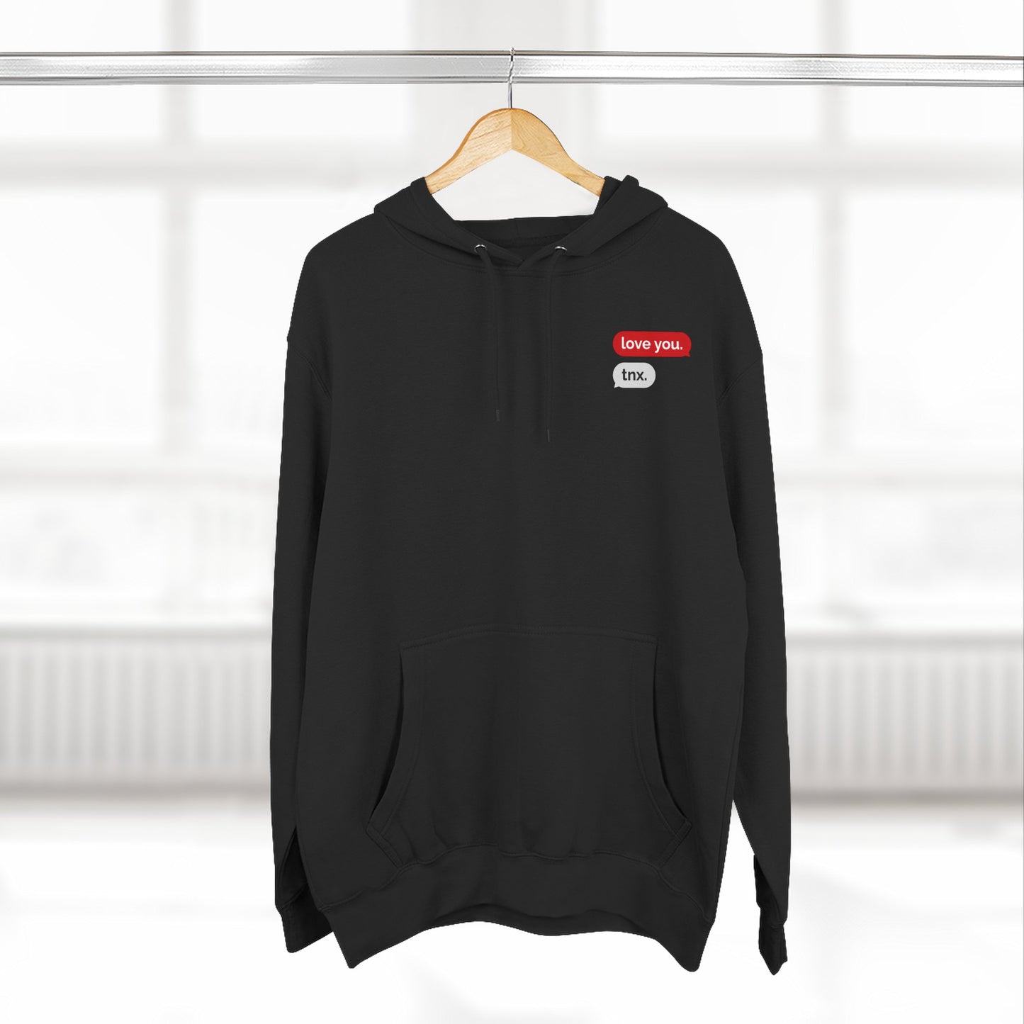 Love Text Hoodie — 'Love you. tnx.' Minimal Chest Text & Tic-Tac-Toe Heart Back