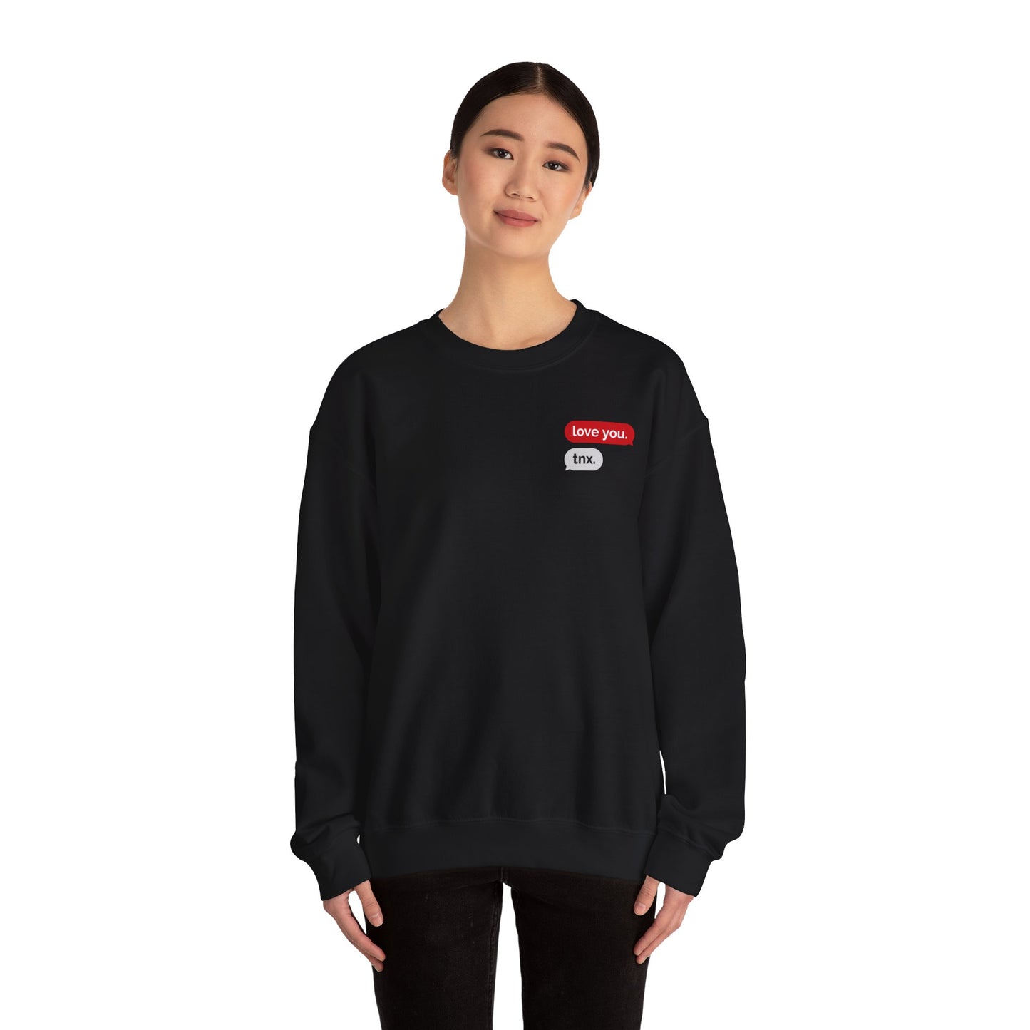 Crewneck Sweatshirt – Text Bubble Design: “love you.” / “tnx.” Minimal Valentine Gift