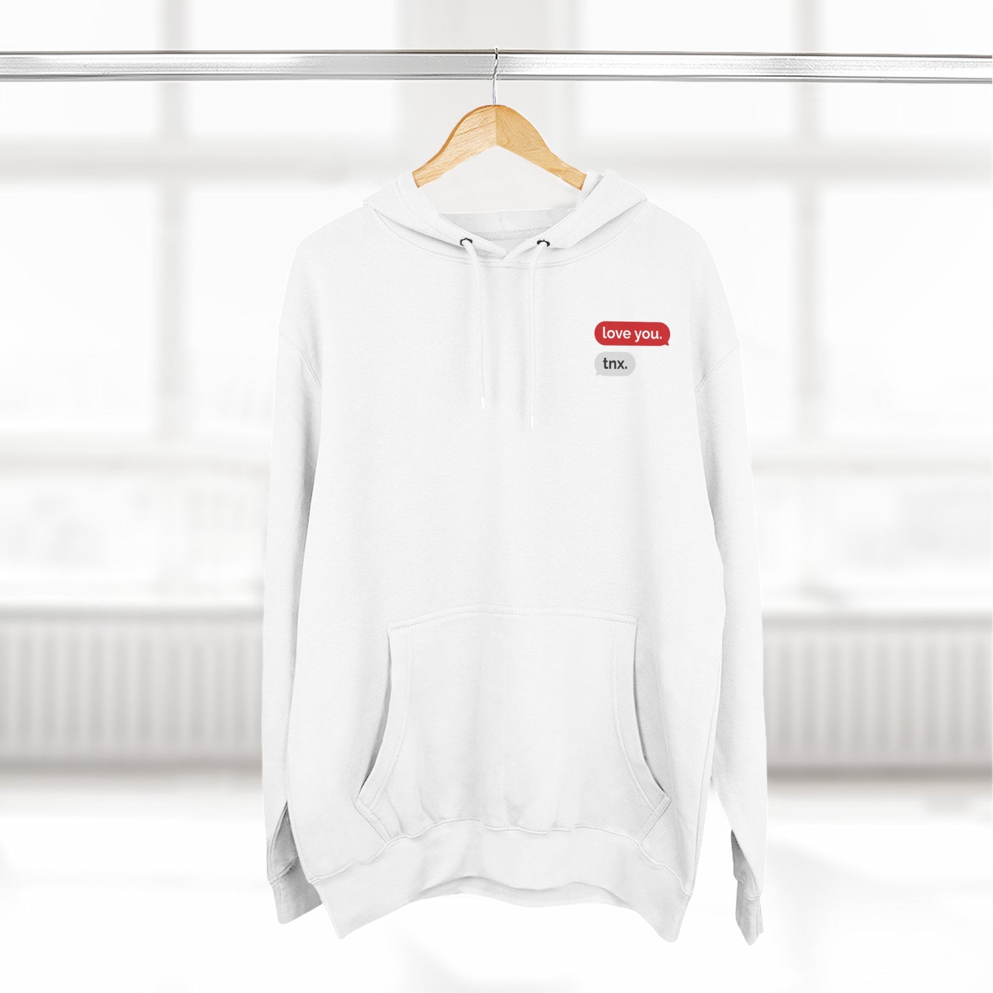 Love Text Hoodie — 'Love you. tnx.' Minimal Chest Text & Tic-Tac-Toe Heart Back