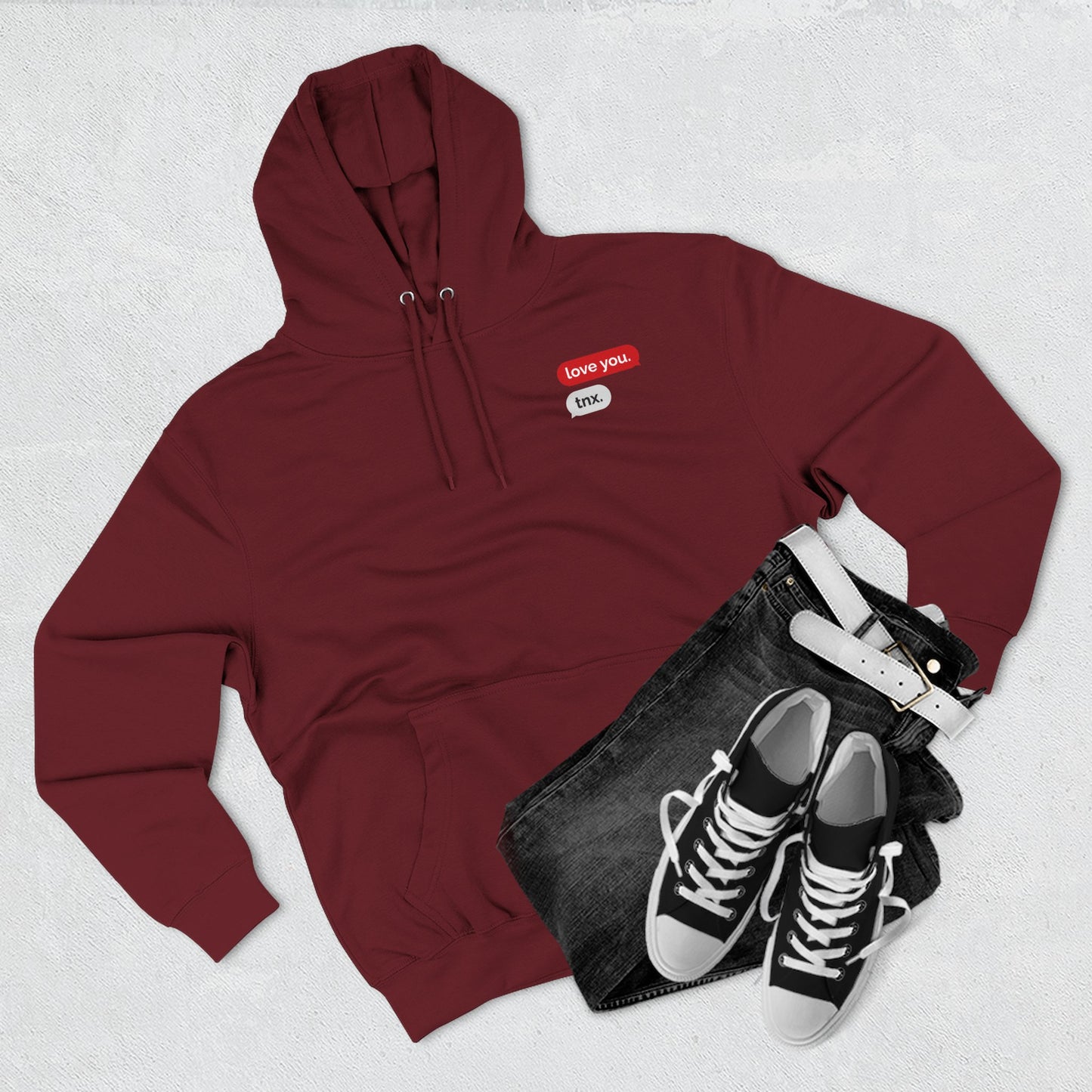 Love Text Hoodie — 'Love you. tnx.' Minimal Chest Text & Tic-Tac-Toe Heart Back