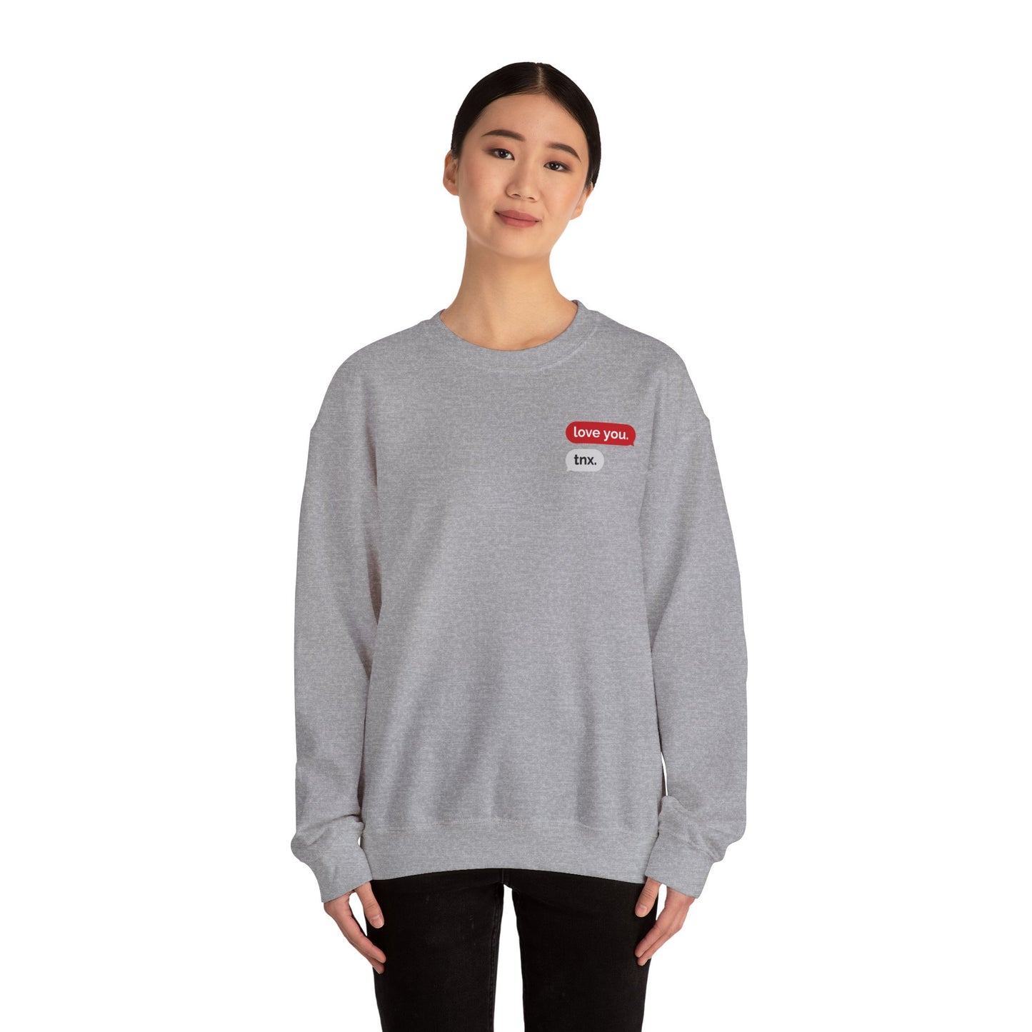 Crewneck Sweatshirt – Text Bubble Design: “love you.” / “tnx.” Minimal Valentine Gift