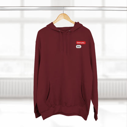 Love Text Hoodie — 'Love you. tnx.' Minimal Chest Text & Tic-Tac-Toe Heart Back
