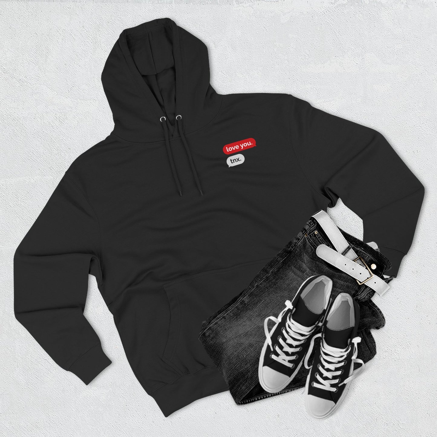 Love Text Hoodie — 'Love you. tnx.' Minimal Chest Text & Tic-Tac-Toe Heart Back
