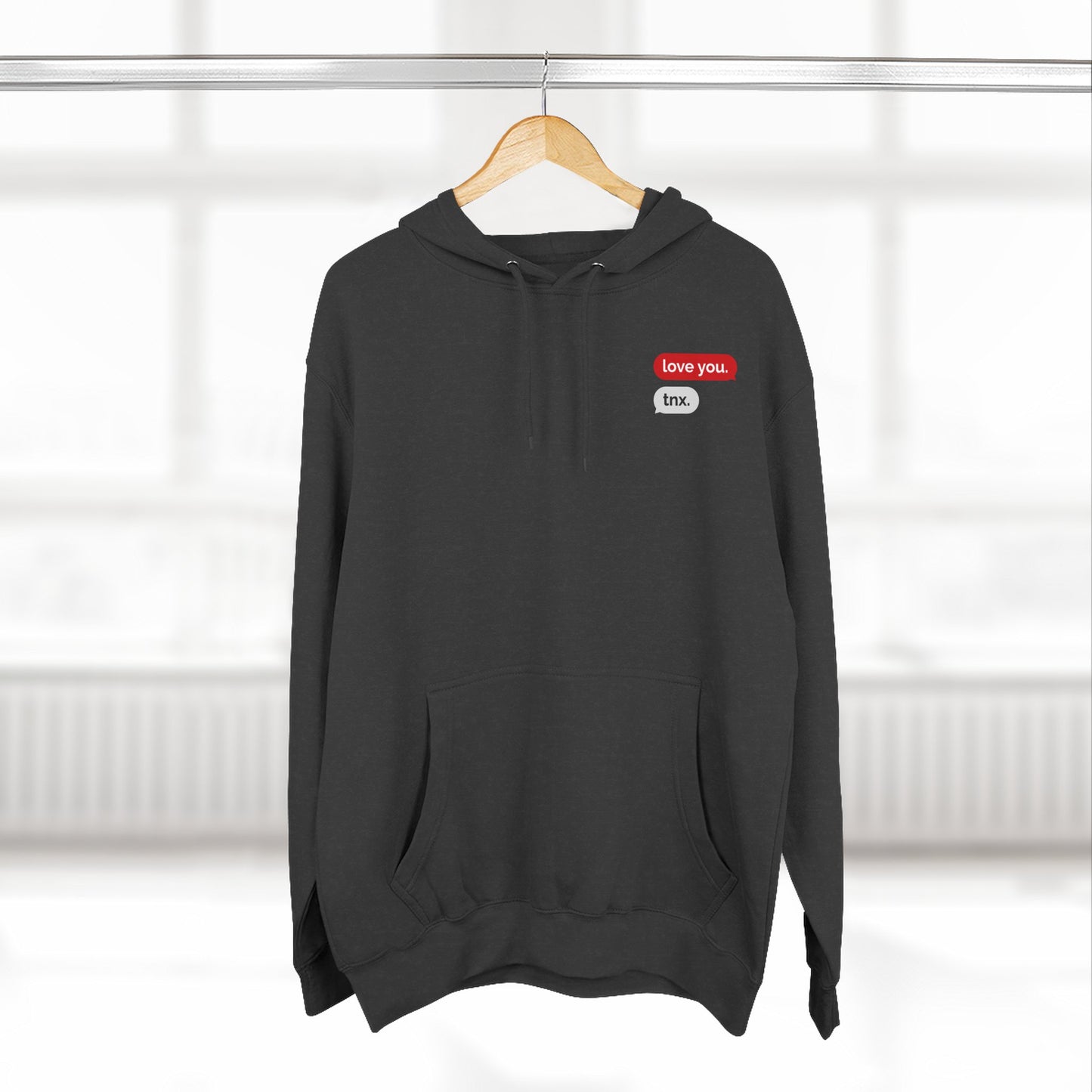 Love Text Hoodie — 'Love you. tnx.' Minimal Chest Text & Tic-Tac-Toe Heart Back